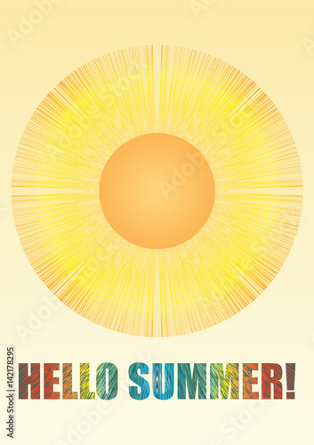 Hello summer background with sun and rainbow headline, place for own message, overlay template