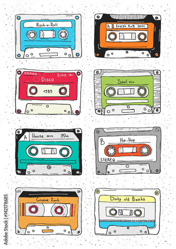 Set of plastic cassette, audio tape with different music. Hand drawn retro illustration.