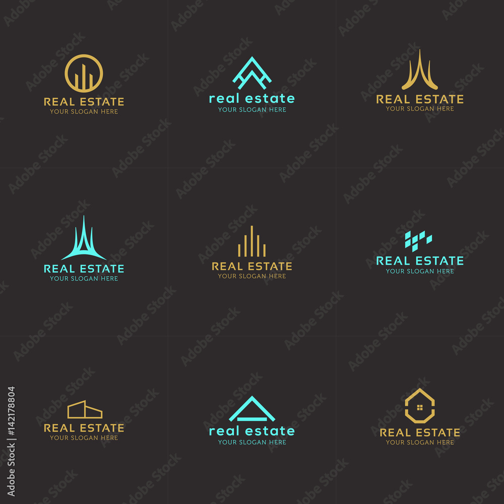 Set of real estate minimal logo templates. House, buildings, skyline creative abstract shapes for logo design. - obrazy, fototapety, plakaty 