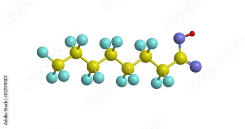Molecular structure of Perfluorooctanoic acid (PFOA), 3D rendering
