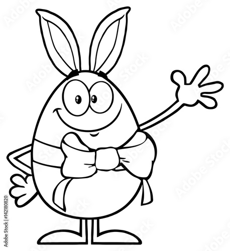 Black And White Smiling Egg Cartoon Mascot Character With A Rabbit Ears And Ribbon Waving For Greeting. Illustration Isolated On White Background © HitToon.com