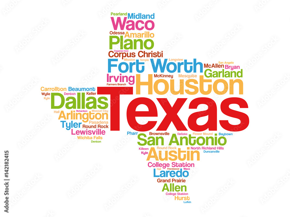 List of cities in Texas USA state word cloud map, concept background List of cities in Texas USA state word cloud map, concept background