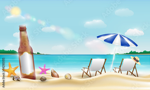 beer bottle and sea shell starfish on a sea sand beach