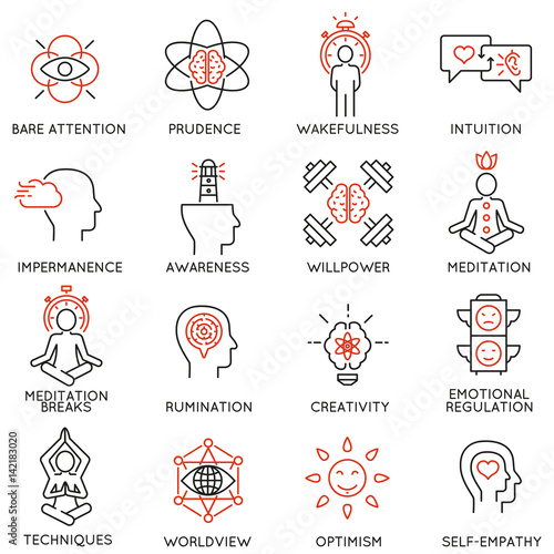 Vector set of 16 linear icons related to mindfulness, awareness, consciousness and mental conditions. Mono line pictograms and infographics design elements - part 2