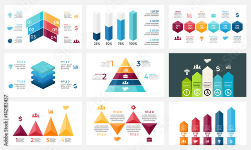 Vector arrows infographic, diagram chart, graph presentation. Business report with 4, 5, 6 options, parts, steps, processes. Triangles, pyramid, timeline. Growth success concept. 16x9 slide template. photo