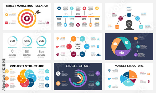 Marketing infographic, cycle diagram, global business graph, circle presentation chart. 3, 4, 5, 6, 7 options, parts, steps, process. Target market, brain idea, timeline. 16x9 slide template.