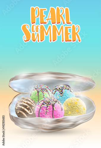 pearl of summer  many ice cream ball  in a sea shell