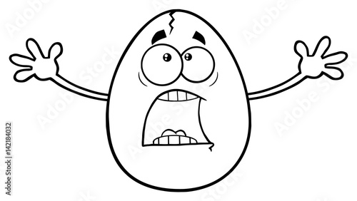 Black And White Scared Cracked Egg Cartoon Mascot Character With Open Arms. Illustration Isolated On White Background