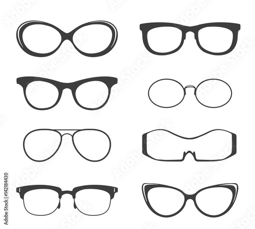Glasses vector black silhouette set. Hipster and medicine eyeglasses, round frame sunglasses isolated on white background
