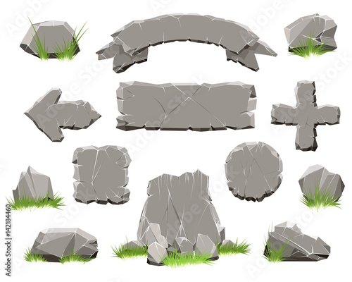 Rock circle button, stone banner vector illustration. Ribbon of stones and arrow of Rocks for natural game design isolated on white background