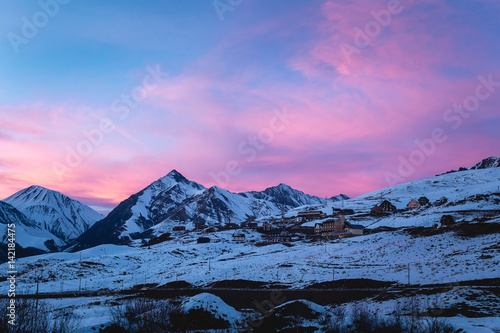 Sunrise in the winter mountain. Caucasus. Georgia. 
