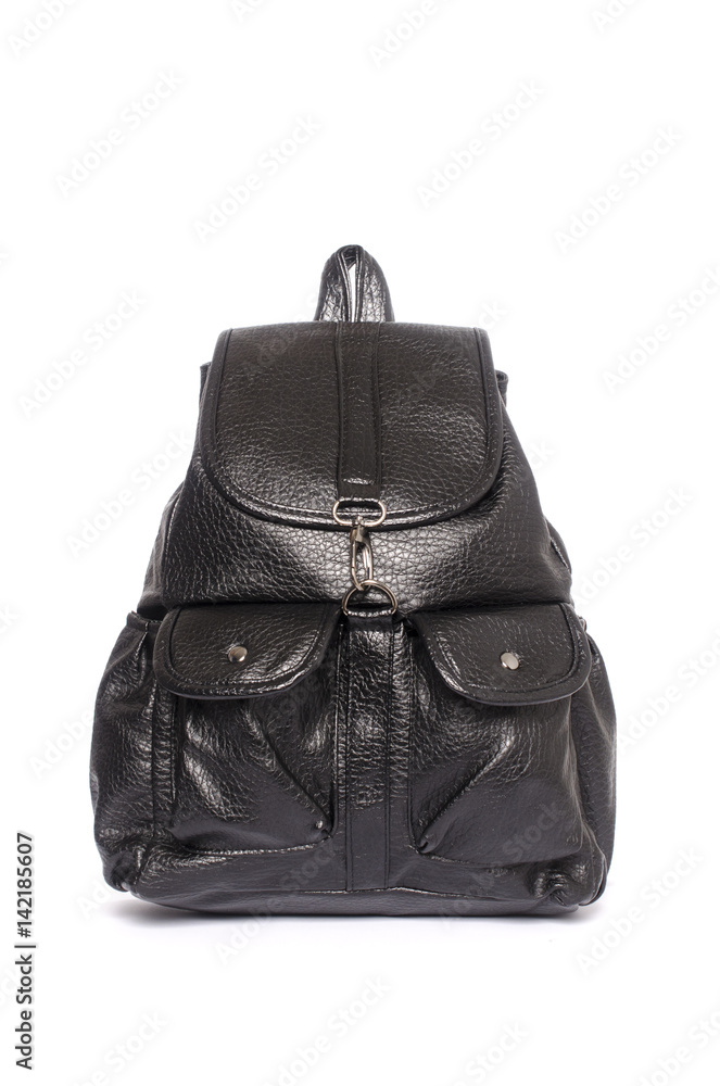Naklejka premium Black leather backpack isolated on white