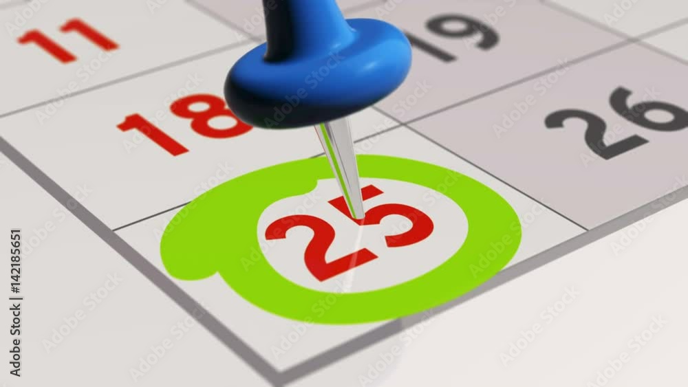 Pin on the date number 25. The twenty-fifth day of the month is marked with a blue thumbtack. 4K video animation. Pin on the date number 25. The twenty-fifth day of the month is marked with a blue thumbtack. 4K video animation.