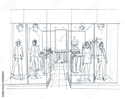Modern interior boutique  shopping center  mall with clothes. Contour sketch illustration.