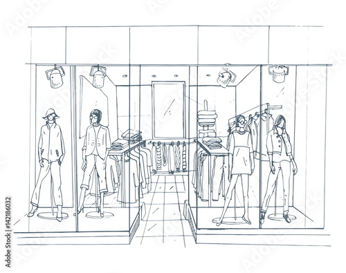 Modern interior boutique, shopping center, mall with clothes. Contour sketch illustration.