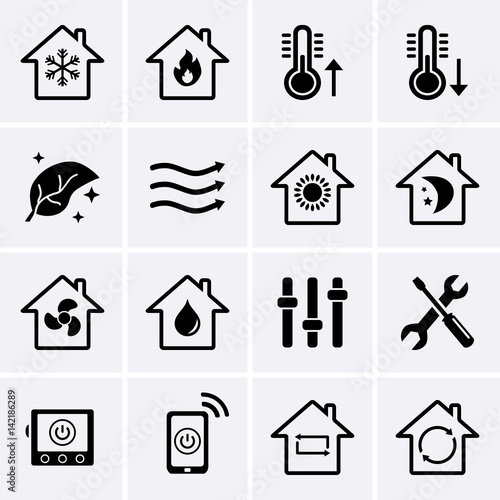  Heating and Cooling Icons. HVAC (heating, ventilating, and air conditioning) technology.