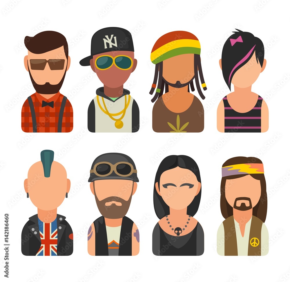 Set icon different subcultures people. Hipster, raper, emo, rastafarian, punk, biker, goth, hippy. Vector flat illustration on white background Set icon different subcultures people. Hipster, raper, emo, rastafarian, punk, biker, goth, hippy. Vector flat illustration on white background