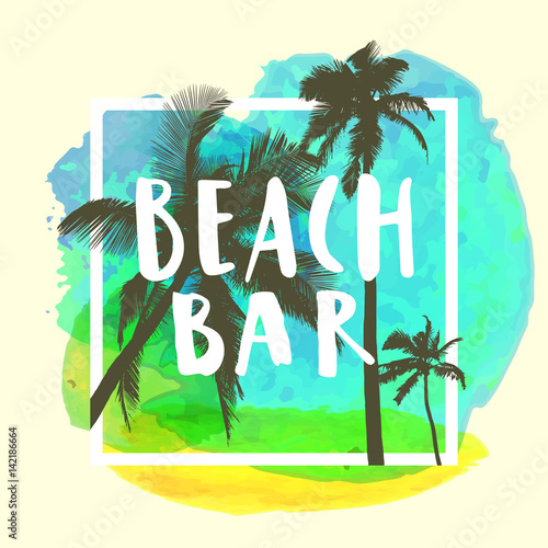 Beach Party. Modern calligraphic T-shirt design with flat palm trees on bright colorful tropical beach background and a frame. Vivid cheerful optimistic summer flyer, poster, fabric print design © babayuka