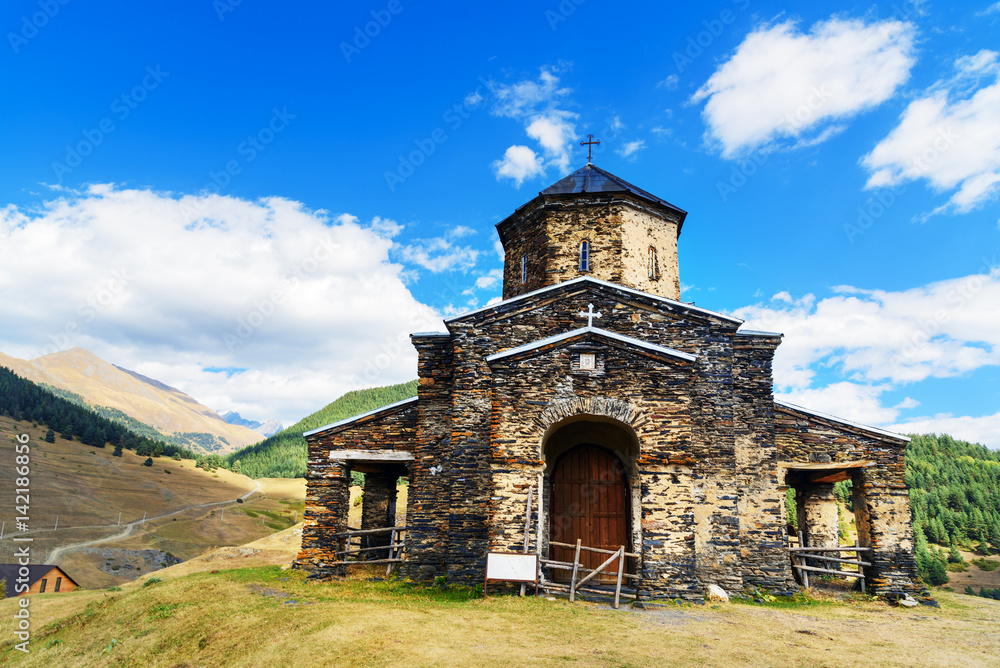Fototapeta premium Old church of Holy Trinity in Shenako village. Tusheti region. Georgia