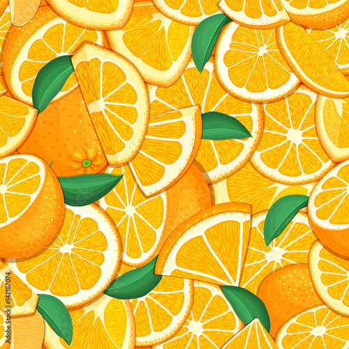 Ripe juicy tropical orange background. Vector card illustration. Closely spaced fresh citrus orange fruit peeled, piece of half, slice. Seamless pattern for packaging design healthy food, diet, juce