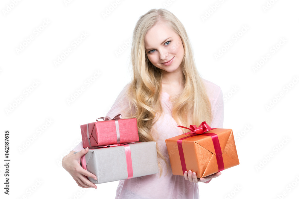 Blonde woman with gifts in hands isolated. Blonde woman with gifts in hands isolated.