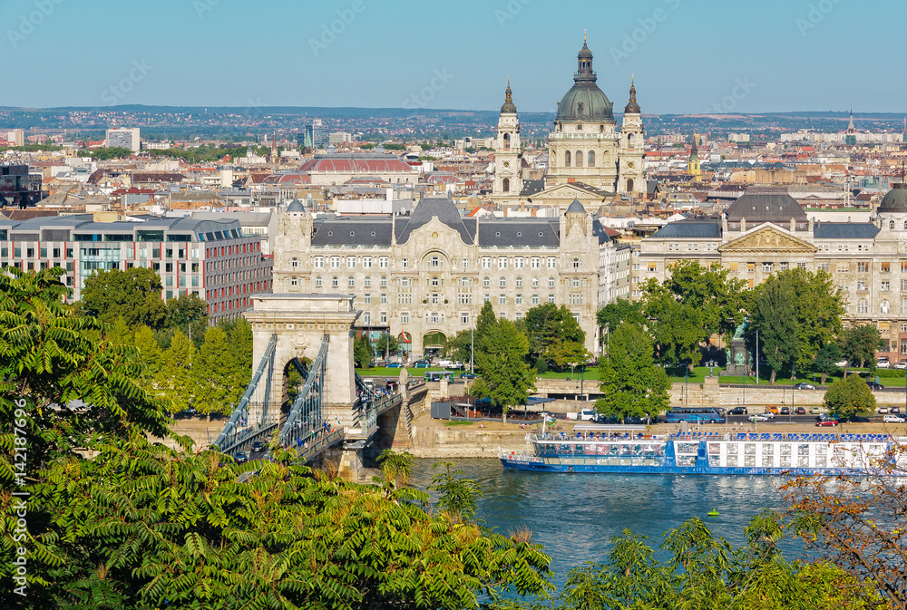 View of Chain Bridge, Gresham Palace, St Stephen Basilica and the Danube River from the Castle Hill of Budapest
