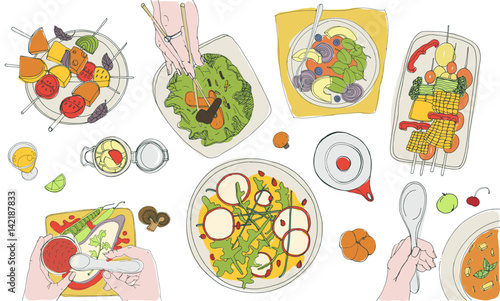 Festive vegetarian tableful, laid table, holidays hand drawn colorful illustration, top view