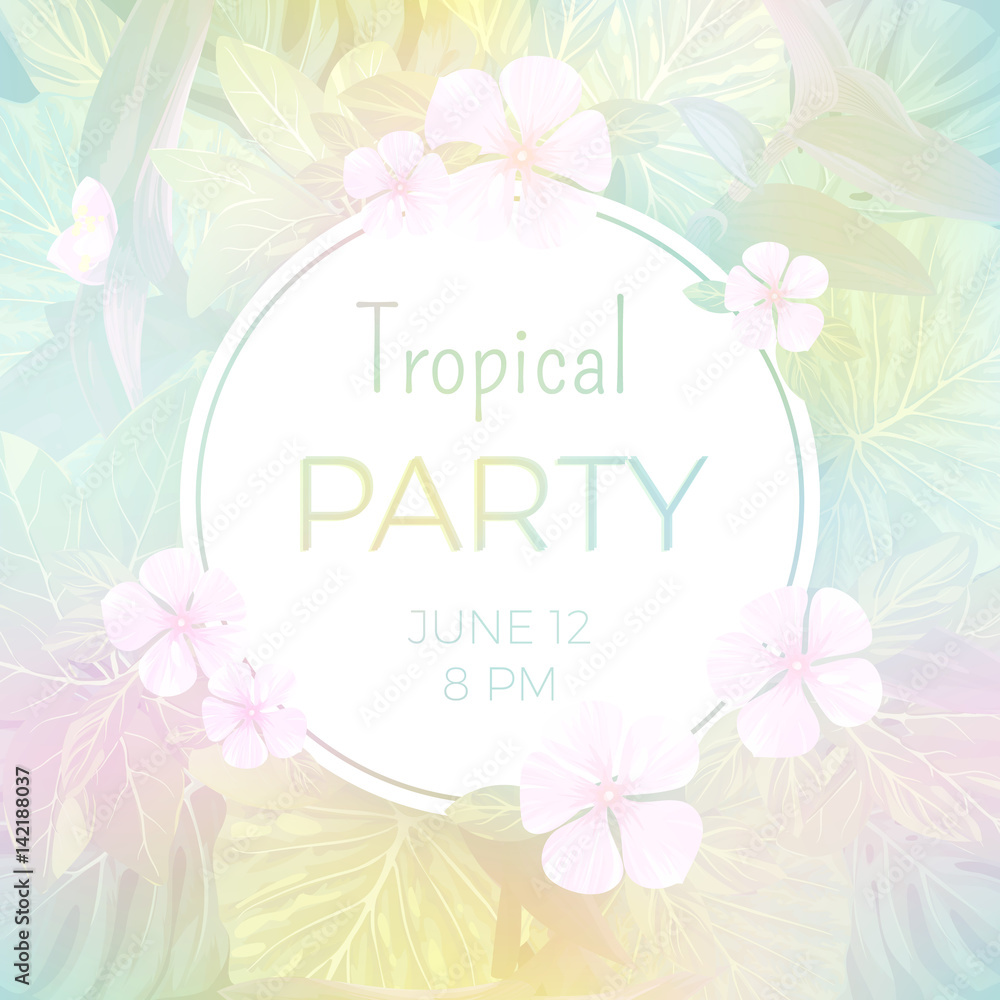 Pale vector tropical background with palm leaves and exotic flowers.