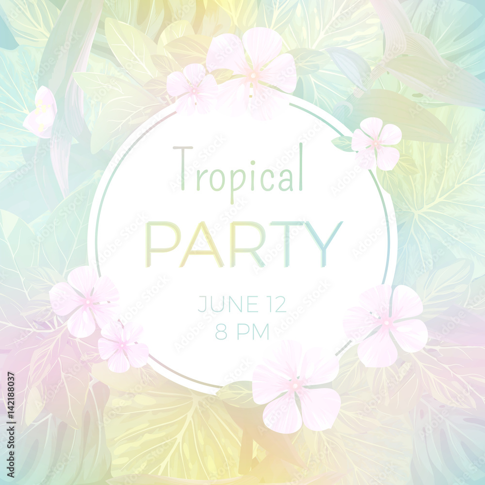 Pale vector tropical background with palm leaves and exotic flowers. Pale vector tropical background with palm leaves and exotic flowers.