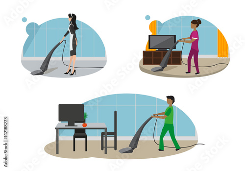 Banners for website with сleaners in the bubbles. They clean carpet or floor by dint of a vacuum cleaner in the office or in the flat. This banners can be used for hotel service or cleaning company