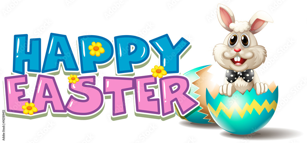 Fototapeta premium Happy Easter poster with bunny in blue egg
