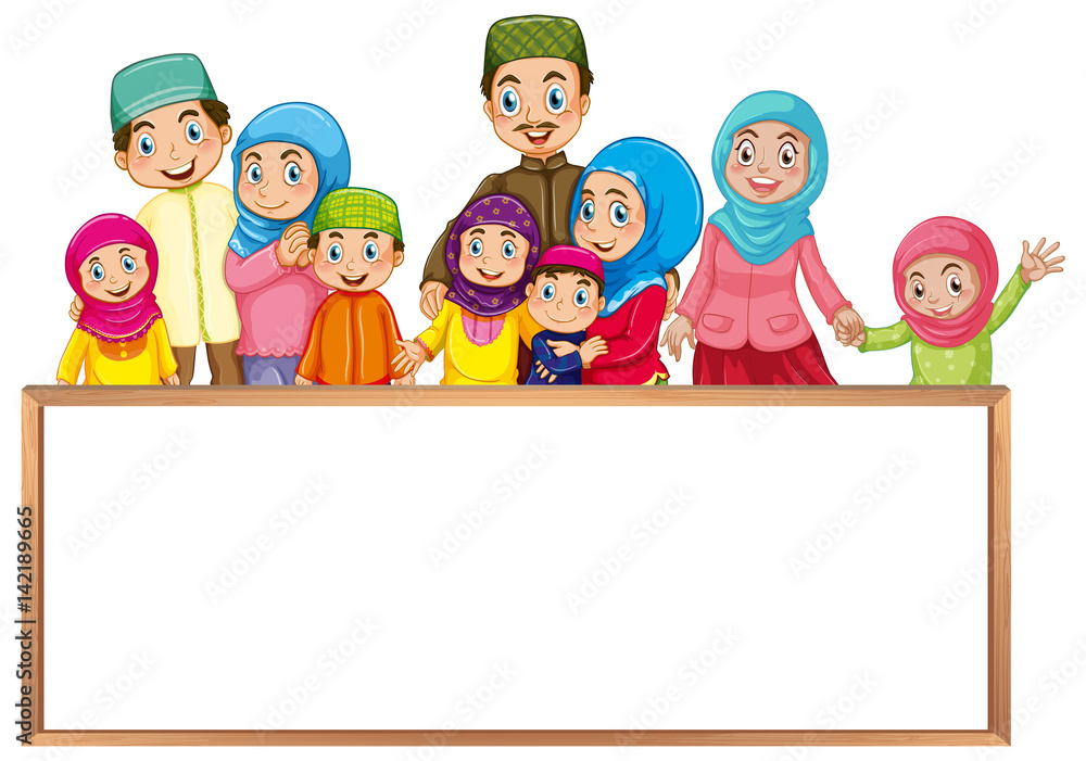 Board template with muslim family in colorful clothes Board template with muslim family in colorful clothes