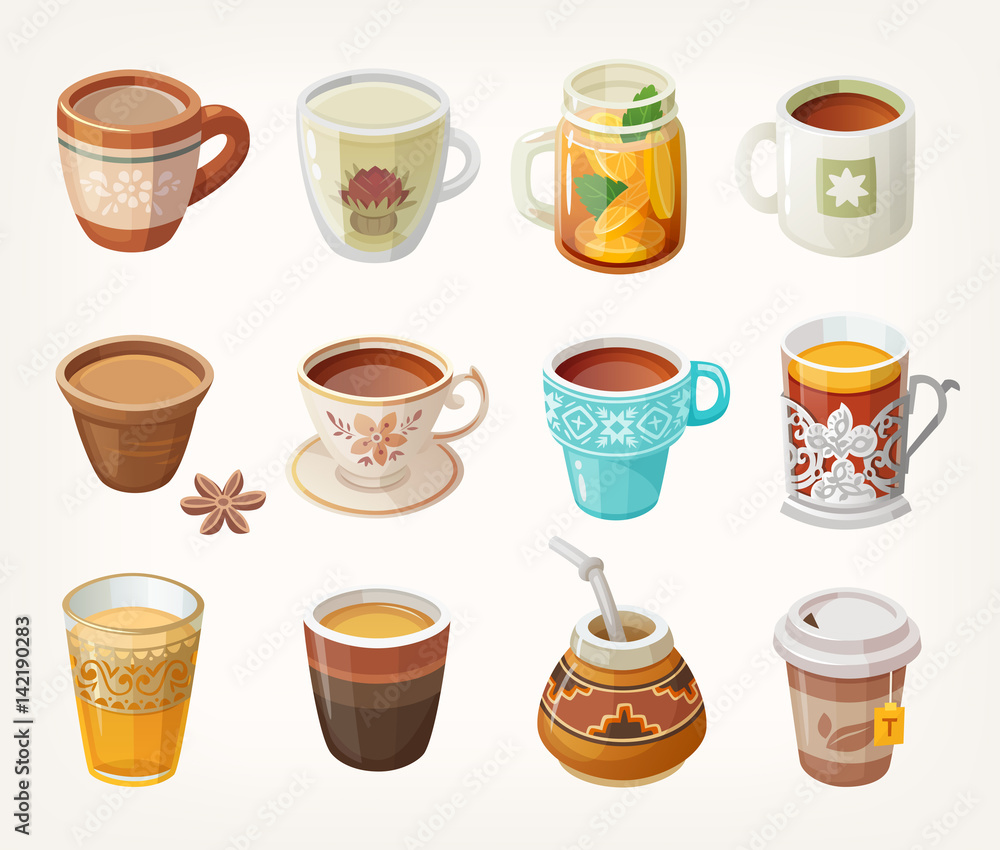 Set of colorful warm tea cups from all over the world for different occasions. Set of colorful warm tea cups from all over the world for different occasions.