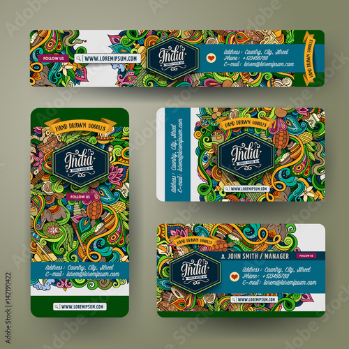 Corporate Identity vector templates set with doodles India theme