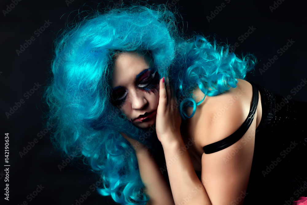 portrait of girl with makeup scary dolls and blue hair portrait of girl with makeup scary dolls and blue hair
