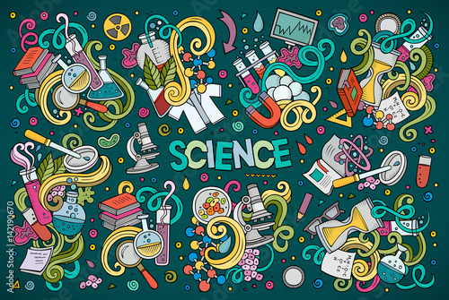 Vector cartoon set of Science theme doodles design elements