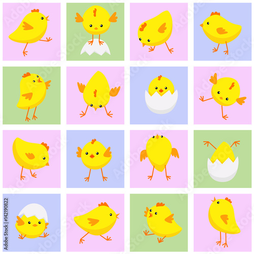 Seamless Eastern pattern with chickens in various poses