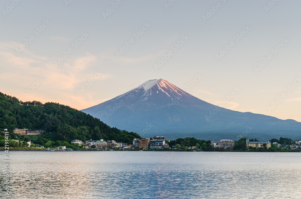 Mount fuji and sunset sky at kawaguchiko lake japan