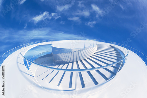 design element. 3D illustration. rendering. spiral stairs tower into blue sky color  image