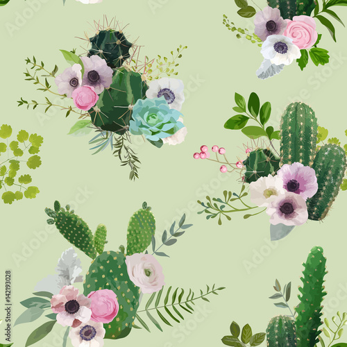 Vector Cactus and Flowers Seamless Pattern. Exotic Tropical Summer Botanical Background.