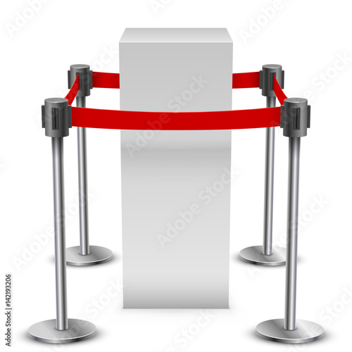 Empty white museum display podium surrounded with barrier tape vector template.