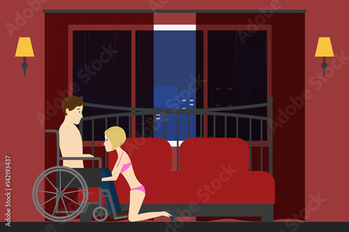 Brothel room with visitor. Disabled man relaxing with girl. Room with red walls.