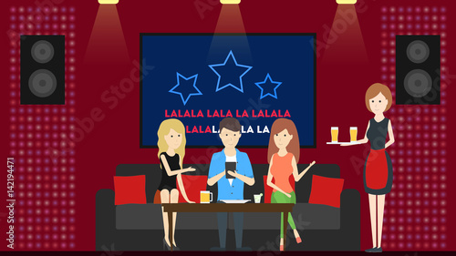 Karaoke bar interior. Bar and scene, dance hall and visitors. Isolated icons.