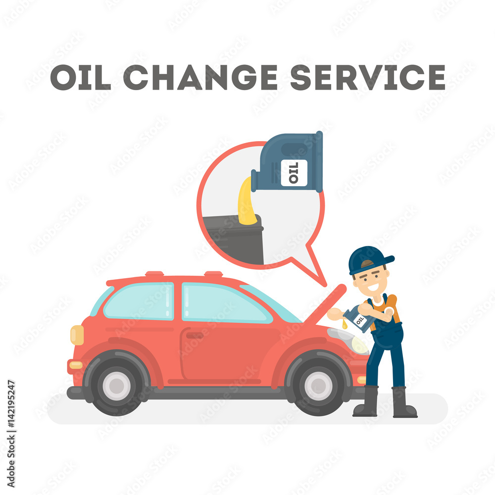 Car mechanic in uniform change oil at car service station. vector illustration