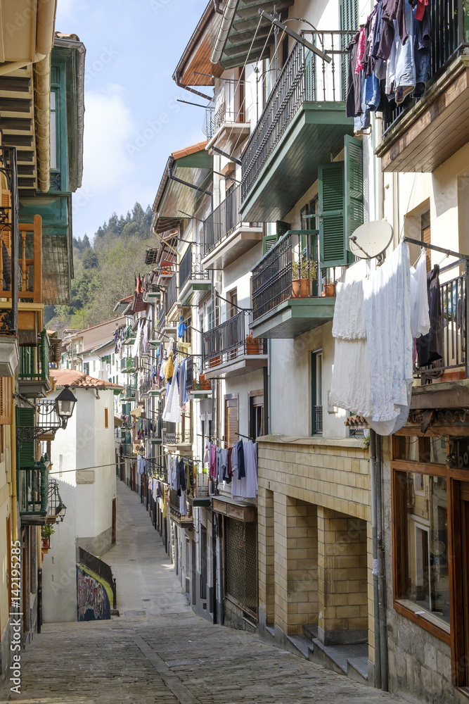 Old street in Ondarroa, Basque country, Spain.