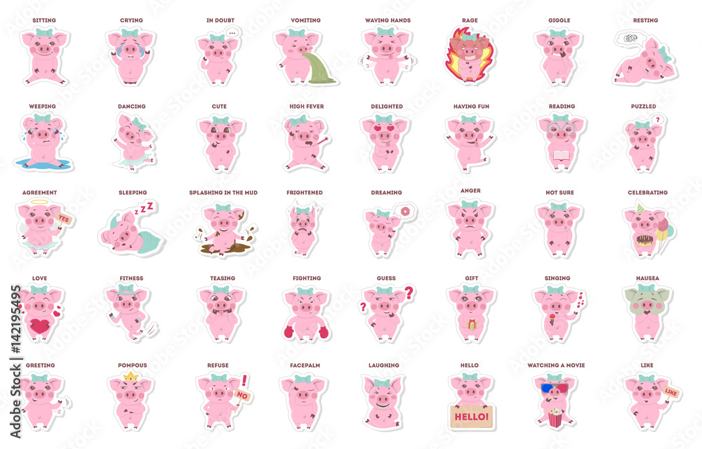 cute pig, stickers collection in different poses, different moods. vector illustration.