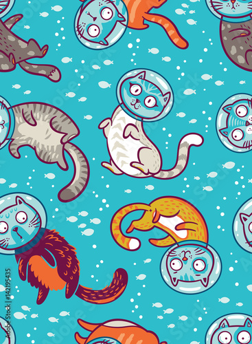 Vector seamless pattern with cats in ocean