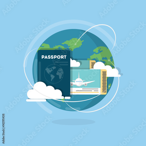 Vector passport with tickets. Air travel concept. Flat Design. ID for traveler