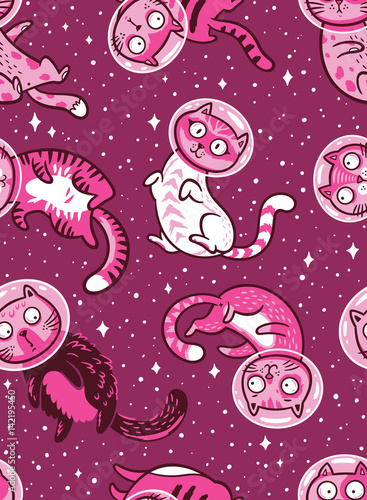 Vector seamless pattern with cats in space.