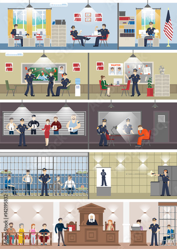 Police station interior set with rooms. Office room, witness interview room, prison cell and receiving desk.